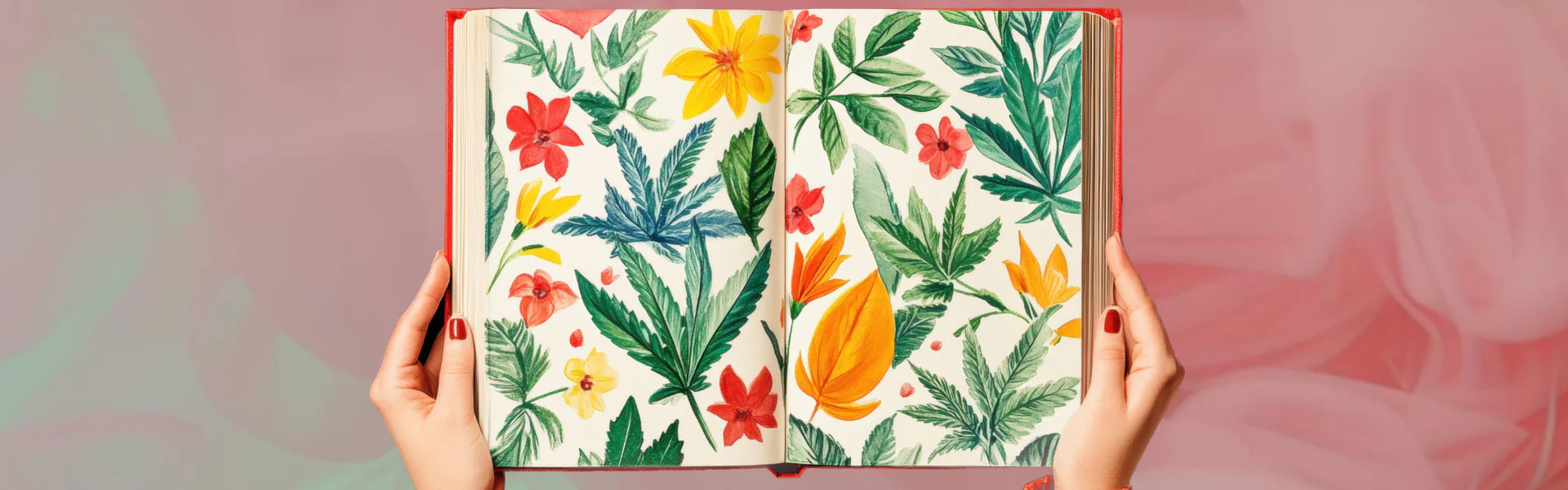 Offenes Buch mit Hanfpflanzen in den Händen einer Frau – Symbolbild für Cannabis Bücher, Hanf-Literatur und nachhaltiges Wissen rund um Hanfkultur